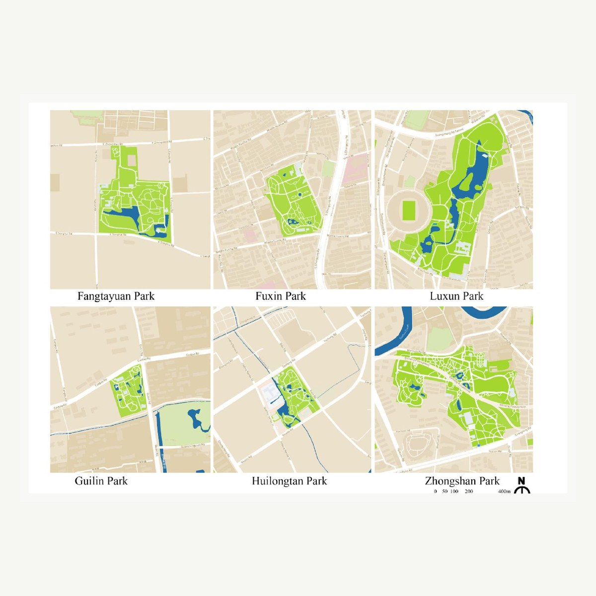 Maps of six urban parks used in sense of place research